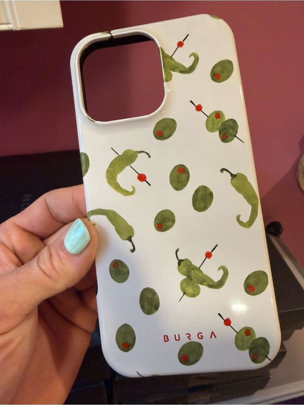Burga White Phone Case with Green Olive & Pepper Print for IPhone 16 pro Max